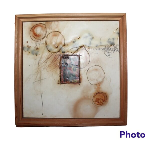 Original wax abstract mixed media frame Collage art work Sagebrush 9"x 9" signed - Picture 7 of 10